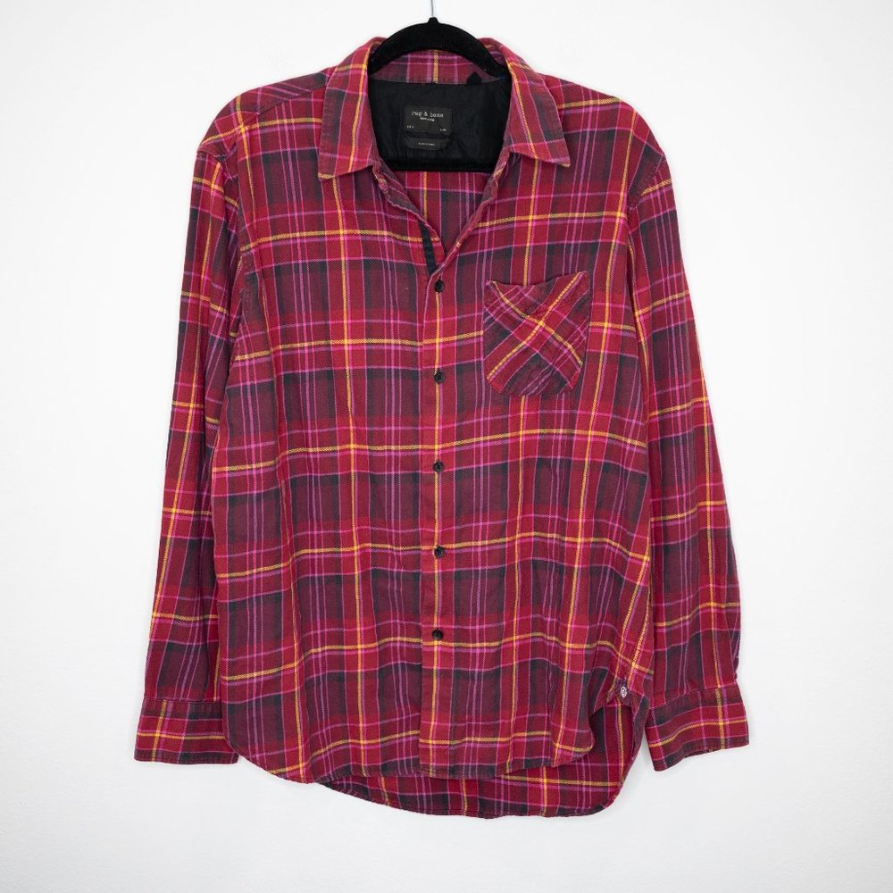 SOLD rag & bone Beach Shirt Flannel Fit 3 Burgundy Multi Relaxed Fit Plaid C6 - Picture 2 of 8